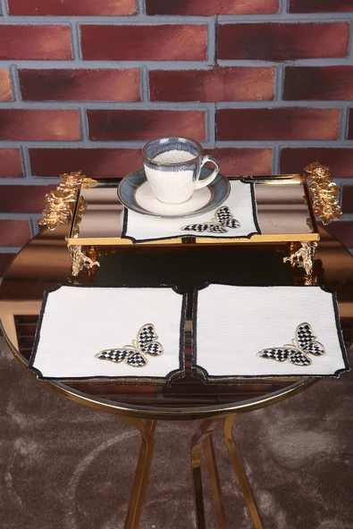 Kelebek Siyah 6lı Linen Keten Kahve Yanı Kokteyl Sunum Parti Peçetesi Nakış Işlemeli Sunumluk - 4