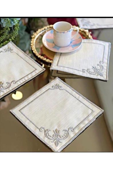 Köşeli Gri 6lı Linen Keten Kahve Yanı Kokteyl Sunum Parti Peçetesi Nakış Işlemeli Sunumluk