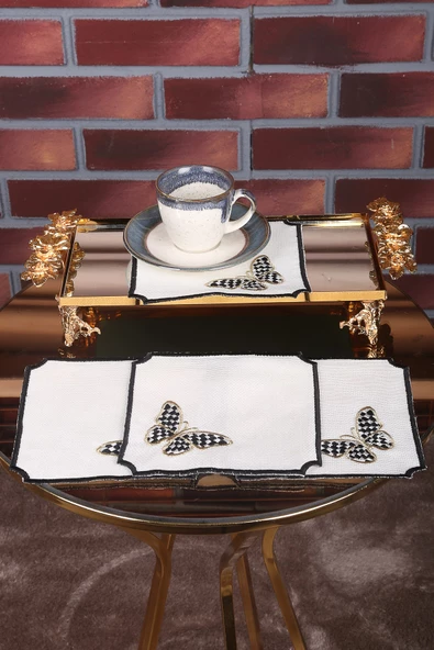 Kelebek Siyah 6lı Linen Keten Kahve Yanı Kokteyl Sunum Parti Peçetesi Nakış Işlemeli Sunumluk - 3