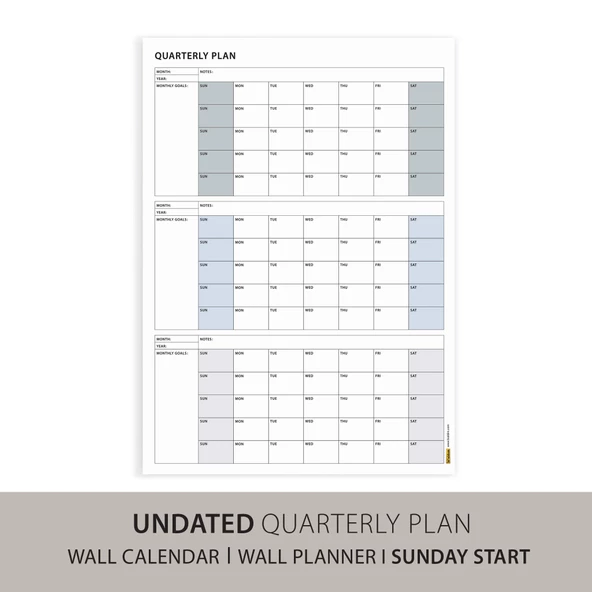 Amerikan Standardı Tarihsiz Üç Aylık Duvar Takvimi, Gri Renkler, Pazar Günü Başlagıç, Üç Aylık Duvar Planlayıcısı, 90 Gü - Resim 2
