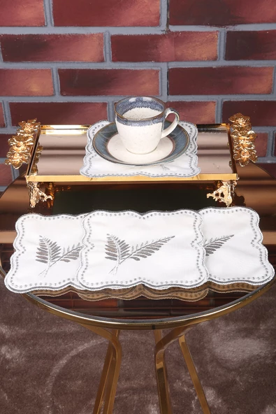 Palmiye Yaprak Gümüş 6lı Linen Keten Kahve Yanı Kokteyl Sunum Peçetesi Nakış Işlemeli Sunumluk - 3