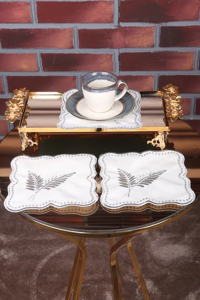 Palmiye Yaprak Gümüş 6lı Linen Keten Kahve Yanı Kokteyl Sunum Peçetesi Nakış Işlemeli Sunumluk - 2