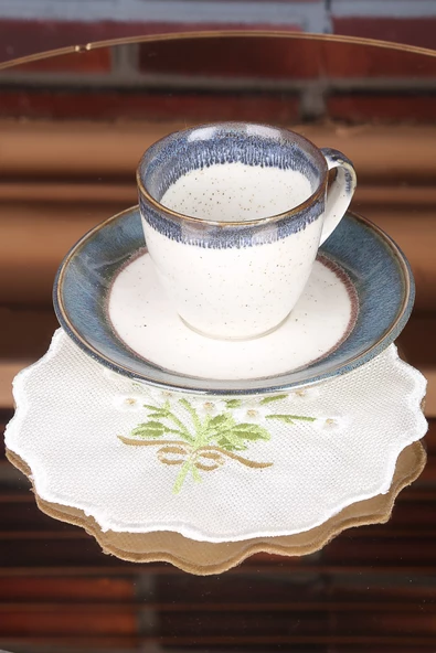 Papatya Krem 6lı Linen Keten Kahve Yanı Kokteyl Sunum Parti Peçetesi Nakış Işlemeli Sunumluk - 2