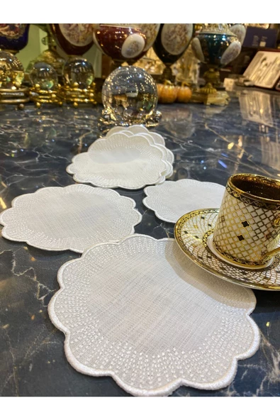 Shems Krem 6lı Linen Keten Kahve Yanı Kokteyl Sunum Parti Peçetesi Nakış Işlemeli Sunumluk