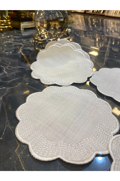 Shems Krem 6lı Linen Keten Kahve Yanı Kokteyl Sunum Parti Peçetesi Nakış Işlemeli Sunumluk - 2