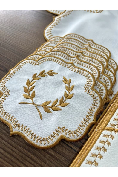 Başak Krem Gold 8 Kişilik 25 Parça Masa Örtüsü Nakışlı Deri Runner Seti Yemek Sunum Takımı - 3