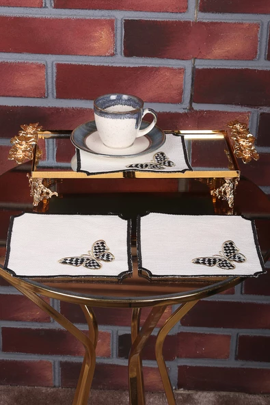 Kelebek Siyah 6lı Kokteyl Kahve Sunum Peçetesi Maraş Işi Sırma Nakış Işlemeli Gardenya Sunumluk