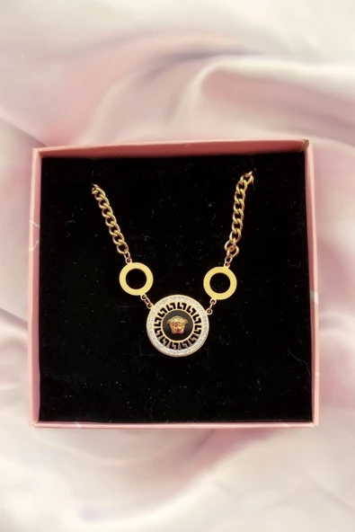 Trade Bazaar Gold Renk Medusa Model Çelik Zirkon Taşlı Madalyon Kolye - 2