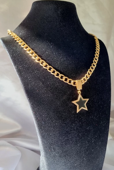 Kadın Siyah Yıldız Zirkon Taşlı Çağla Şikel Çelik Kolye - 2