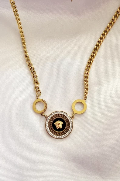 Trade Bazaar Gold Renk Medusa Model Çelik Zirkon Taşlı Madalyon Kolye - 3