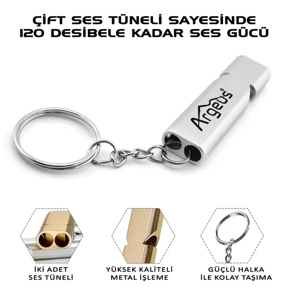 Argeus Anahtarlıklı Alüminyum Acil Durum Düdüğü Gümüş - Resim 2