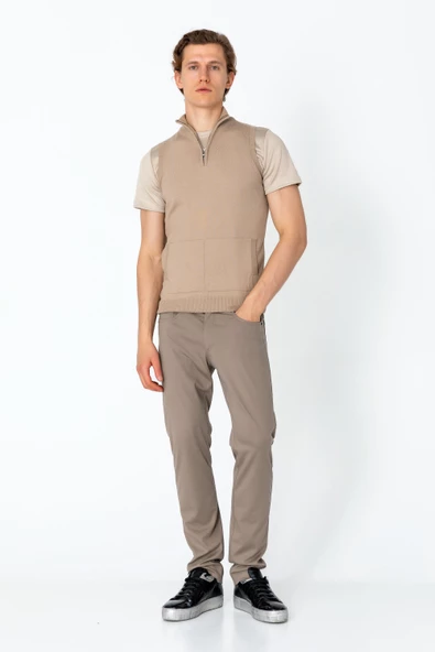 Erkek Fit Rahat Yakası Fermuarlı Kanguru Cepli Yelek - 12