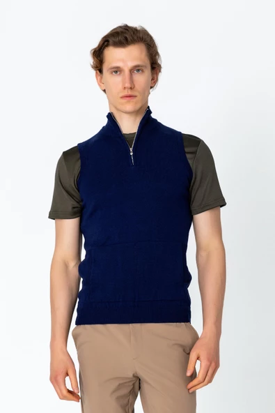 Erkek Fit Rahat Yakası Fermuarlı Kanguru Cepli Yelek - 8