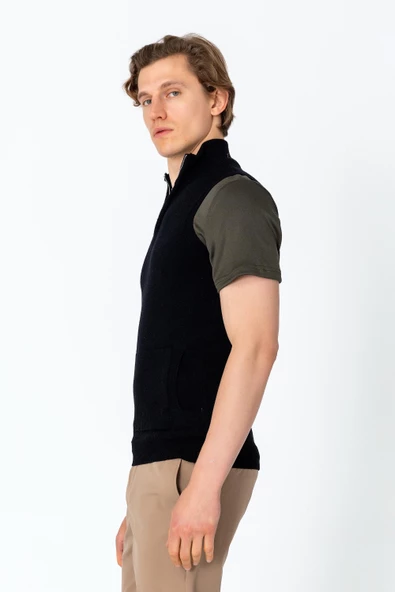 Erkek Fit Rahat Yakası Fermuarlı Kanguru Cepli Yelek - 3