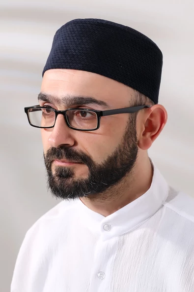 Lacivert Petek Kareli Kadife Kalıp Namaz Takkesi