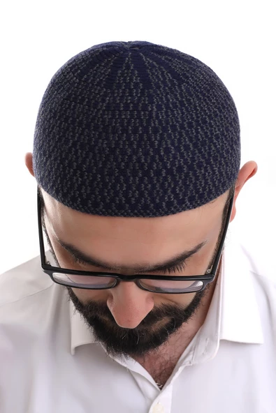 Lacivert Orlon Kışlık Namaz Takkesi Baklava Desenli Takke - Resim 5