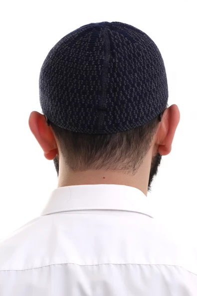 Lacivert Orlon Kışlık Namaz Takkesi Baklava Desenli Takke - Resim 6