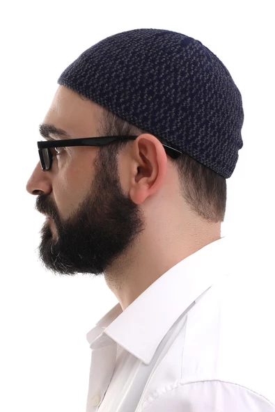 Lacivert Orlon Kışlık Namaz Takkesi Baklava Desenli Takke - Resim 3