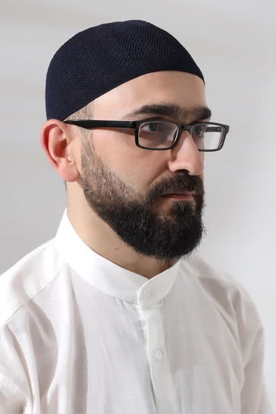 Lacivert Safir Dantel Detaylı Örme Namaz Takkesi - Resim 2