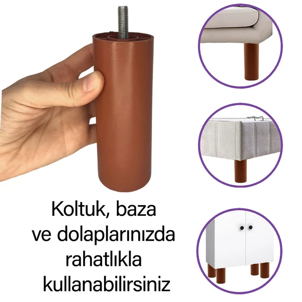 Silindir Destek Ayağı 14 Cm Kahverengi Gizli Mobilya Kanepe Baza Koltuk Ayakları Metrik 8 Civatalı İnce Diş - 2