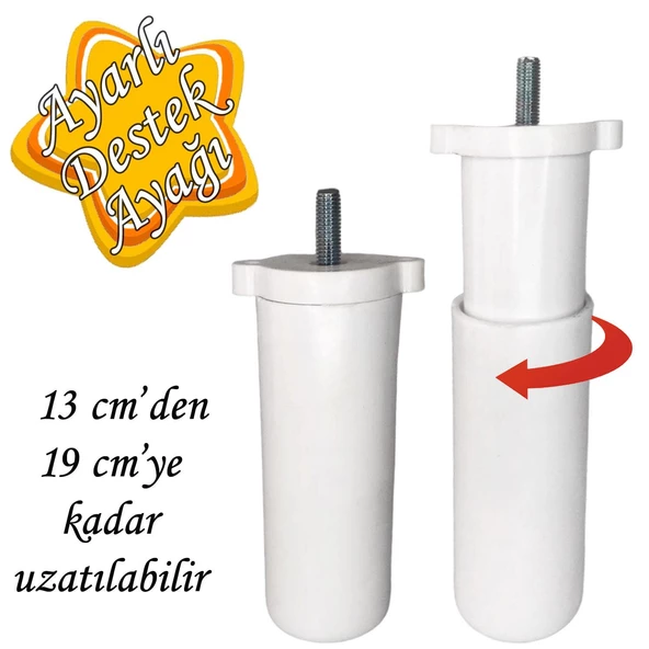Ayarlı Destek Ayağı 13 x 19 cm Beyaz Gizli Ayak M8 Civatalı İncediş Mobilya Kanepe Baza Koltuk Dolap