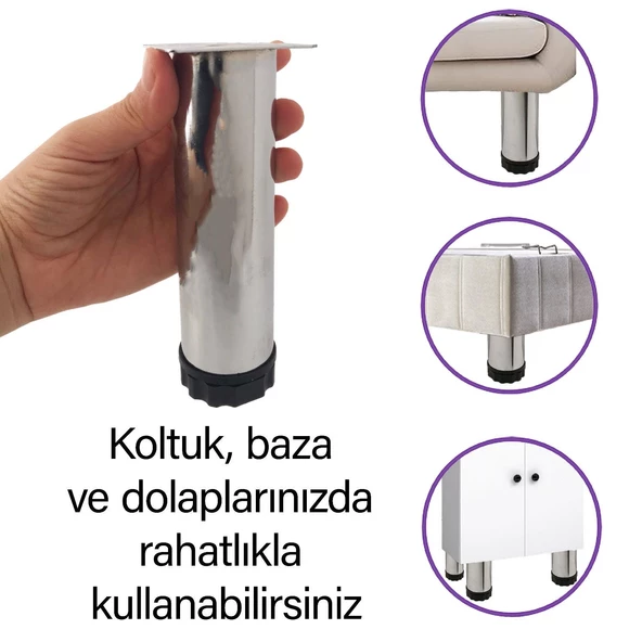 Metal Ayarlanabilir 15 cm Krom Destek Ayak Mobilya Kanepe Baza Koltuk Dolap Sehpa TV Ünitesi Ayağı - 2