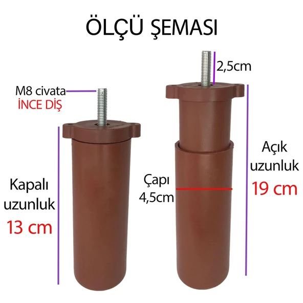 2 Adet Ayarlı Destek Ayağı 13 x 19 cm Kahverengi Gizli Ayak M8 Civatalı İncediş Mobilya Kanepe Baza Koltuk - 2