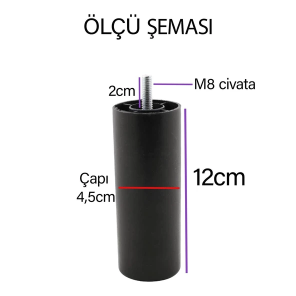 2 Adet Silindir Destek Ayağı 12 cm Siyah Gizli Ayak M8 Civatalı İnce Diş Mobilya Kanepe Baza Koltuk - 4