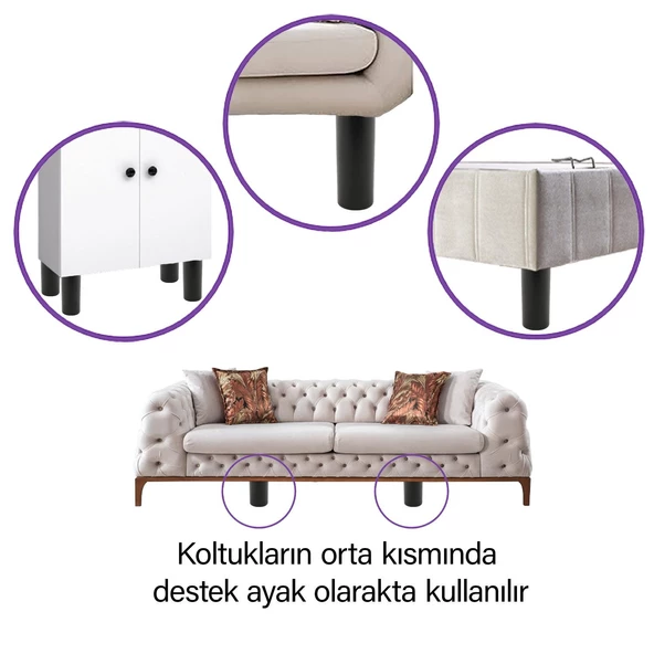 2 Adet Silindir Destek Ayağı 12 cm Siyah Gizli Ayak M8 Civatalı İnce Diş Mobilya Kanepe Baza Koltuk - 3