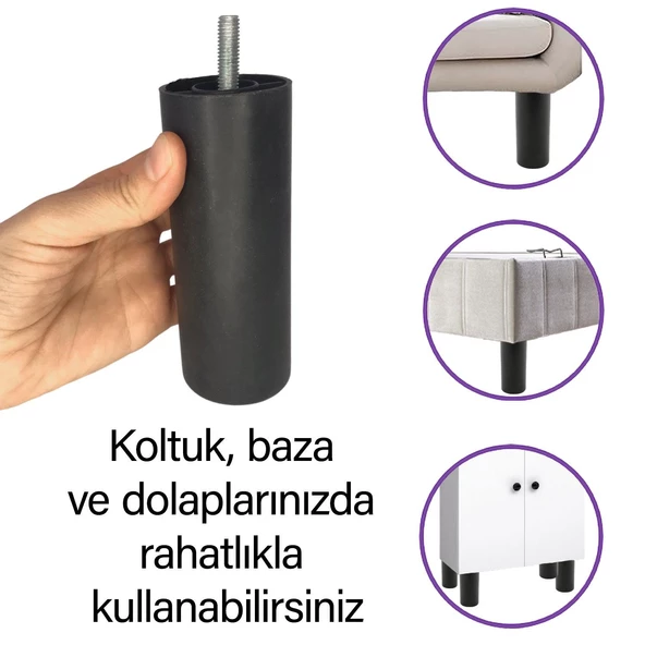 Silindir Destek Ayağı 12 cm Siyah Gizli Ayak M8 Civatalı İnce Diş Mobilya Kanepe Baza Koltuk Dolap - 2