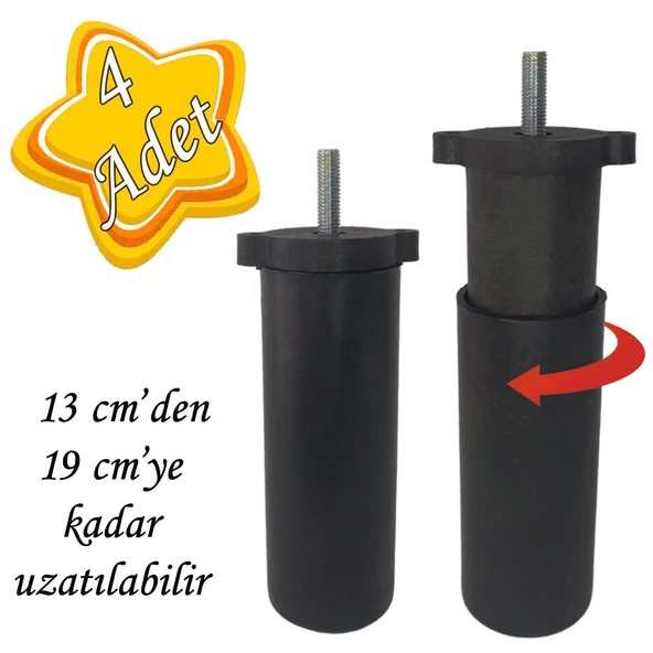 4 Adet Ayarlı Destek Ayağı 13 x 19 cm Siyah Gizli Ayak M8 Civatalı İncediş Mobilya Kanepe Baza Koltuk