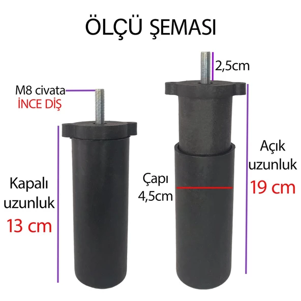 8 Adet Ayarlı Destek Ayağı 13 X 19 Cm Siyah Gizli Mobilya Kanepe Baza Koltuk Ayakları Metrik 8 Civatalı İnce Diş - 2