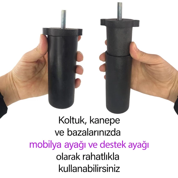 8 Adet Ayarlı Destek Ayağı 13 X 19 Cm Siyah Gizli Mobilya Kanepe Baza Koltuk Ayakları Metrik 8 Civatalı İnce Diş - 3