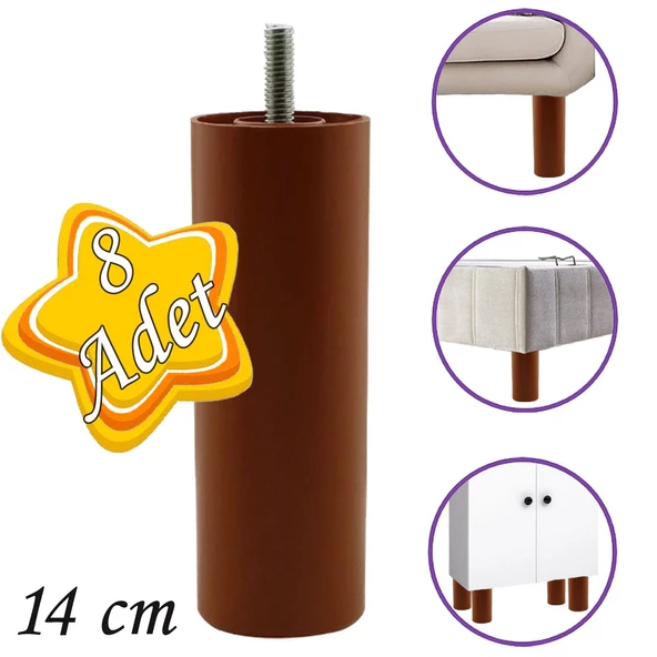 8 Adet Silindir Destek Ayağı 14 Cm Kahverengi Gizli Mobilya Kanepe Baza Koltuk Ayakları Metrik 8 Civatalı İnce Diş