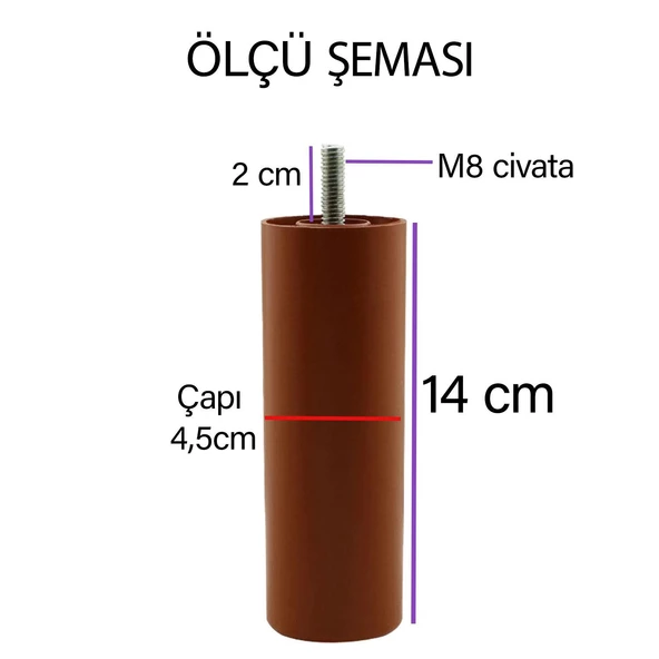 2 Adet Silindir Destek Ayağı 14 Cm Kahverengi Gizli Mobilya Kanepe Baza Koltuk Ayakları Metrik 8 Civatalı İnce Diş - Resim 4