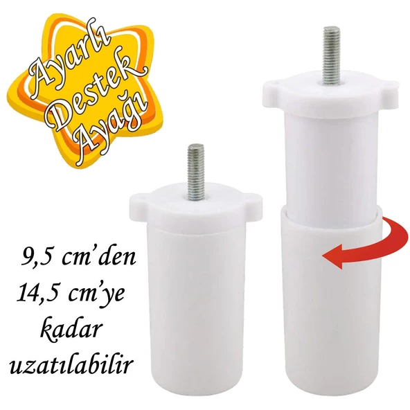 Ayarlı Destek Ayağı 9.5 x 14.5cm Beyaz Gizli Ayak M8 Civatalı İncediş Mobilya Kanepe Baza Koltuk