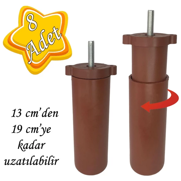 8 Adet Ayarlı Destek Ayağı 13 x 19 cm Kahverengi Gizli Ayak M8 Civatalı İncediş Mobilya Kanepe Baza Koltuk ürün görseli
