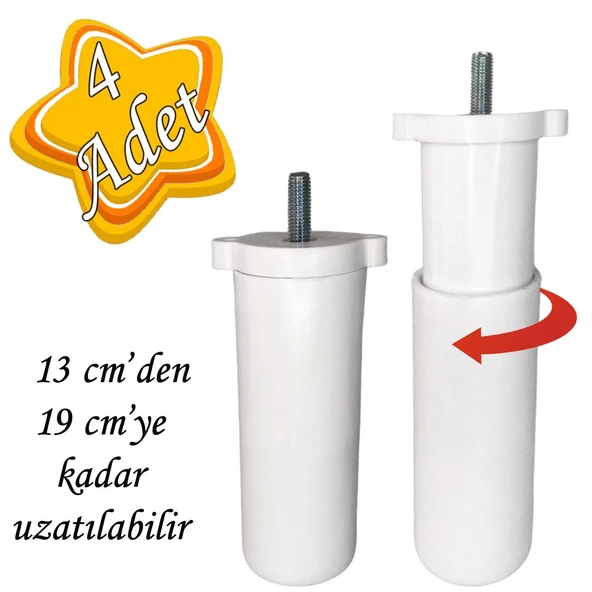 4 Adet Ayarlı Destek Ayağı 13 x 19 cm Beyaz Gizli Ayak M8 Civatalı İncediş Mobilya Kanepe Baza Koltuk ürün görseli 1