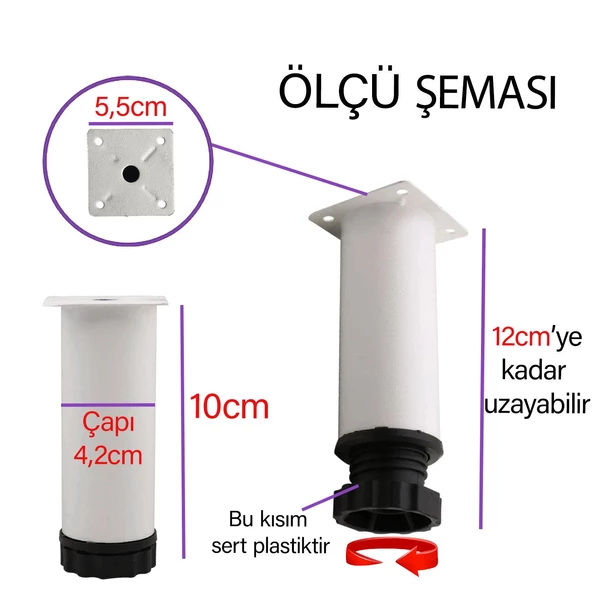 2 Adet Metal Ayarlanabilir 10 cm Beyaz Destek Ayağı Mobilya Kanepe Baza Koltuk Dolap Sehpa TV Ünitesi Ayağı - 3