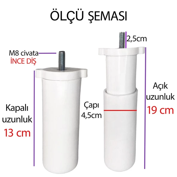 2 Adet Ayarlı Destek Ayağı 13 X 19 Cm Beyaz Gizli Mobilya Kanepe Baza Koltuk Ayakları Metrik 8 Civatalı İnce Diş - 2