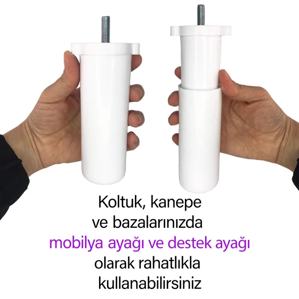 2 Adet Ayarlı Destek Ayağı 13 X 19 Cm Beyaz Gizli Mobilya Kanepe Baza Koltuk Ayakları Metrik 8 Civatalı İnce Diş - 3