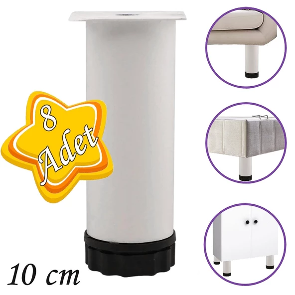 8 Adet Metal Ayarlanabilir 10 cm Beyaz Destek Ayağı Mobilya Kanepe Baza Koltuk Dolap Sehpa TV Ünitesi Ayağı