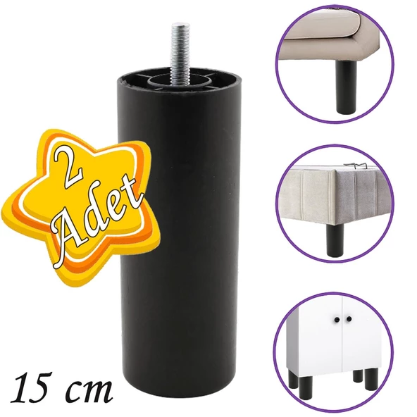 2 Adet Silindir Destek Ayağı 15 cm Siyah Gizli Ayak M8 Civatalı İnce Diş Mobilya Kanepe Baza Koltuk ürün görseli