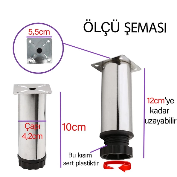 8 Adet Metal Ayarlanabilir 10 cm Krom Destek Ayağı Mobilya Kanepe Baza Koltuk Dolap Sehpa TV Ünitesi Ayağı - 3