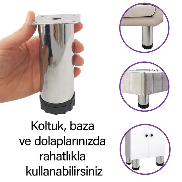 8 Adet Metal Ayarlanabilir 12 cm Krom Destek Ayağı Mobilya Kanepe Baza Koltuk Dolap Sehpa TV Ünitesi Ayağı - Resim 2