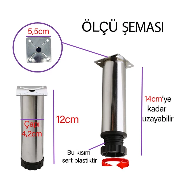 4 Adet Metal Ayarlanabilir 12 cm Krom Destek Ayağı Mobilya Kanepe Baza Koltuk Dolap Sehpa TV Ünitesi Ayağı - 3