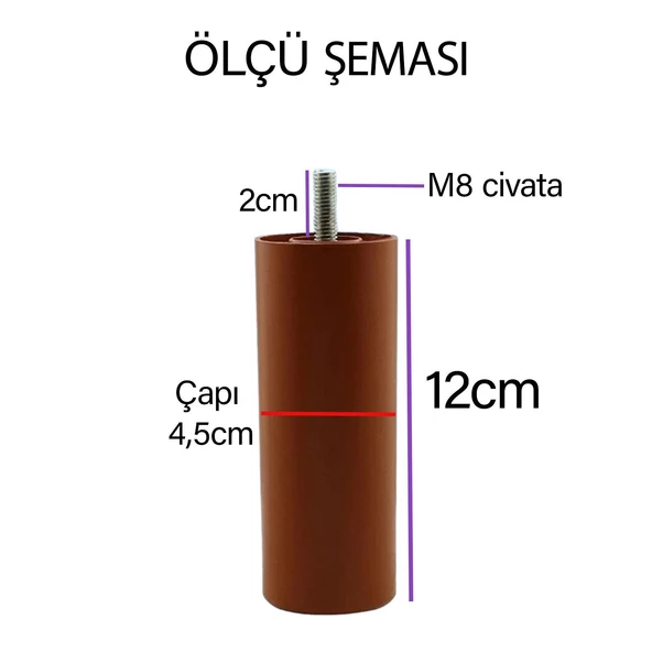 4 Adet Silindir Destek Ayağı 12 Cm Kahverengi Gizli Mobilya Kanepe Baza Koltuk Ayakları Metrik 8 Civatalı İnce Diş - Resim 4