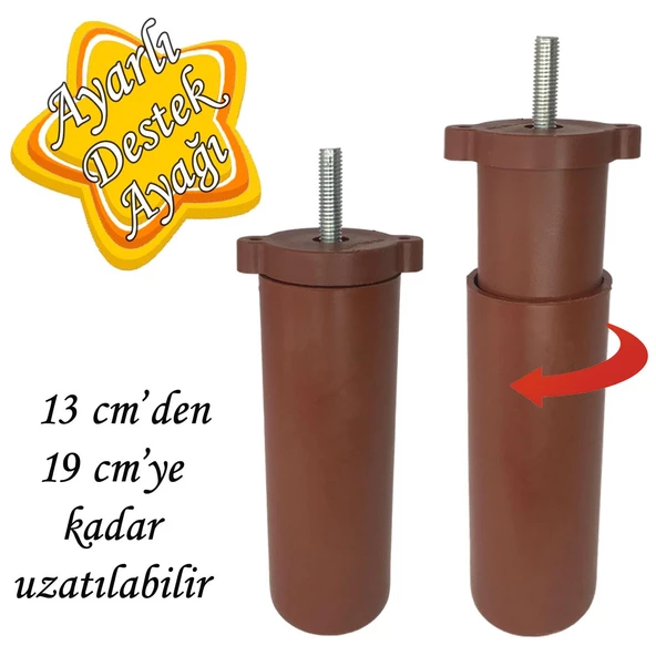 Ayarlı Destek Ayağı 13 x 19 cm Kahverengi Gizli Ayak M8 Civatalı İncediş Mobilya Kanepe Baza Koltuk