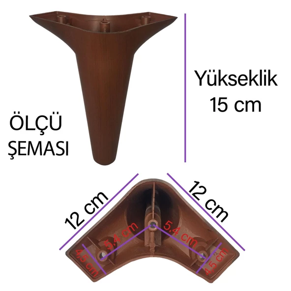 4 Adet Zelve 15 cm Ceviz Ahşap Desenli Lüx Mobilya Kanepe Sehpa Ünite Koltuk Ayağı Baza Ayak - 3