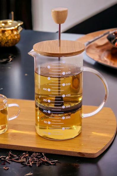 Bambu Kapaklı French Press Bitki Çayı Demliği Filtre Kahve Ataşe Dayanıklı Cam Ölçü Kabı 600ml